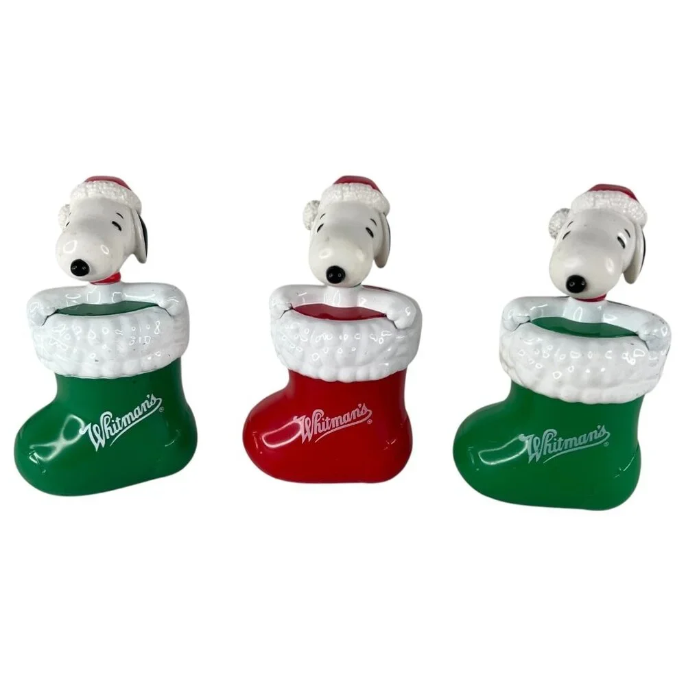 3 Whitmans Peanuts Snoopy Christmas‎ Stocking Figurines Candy Holders Red Green